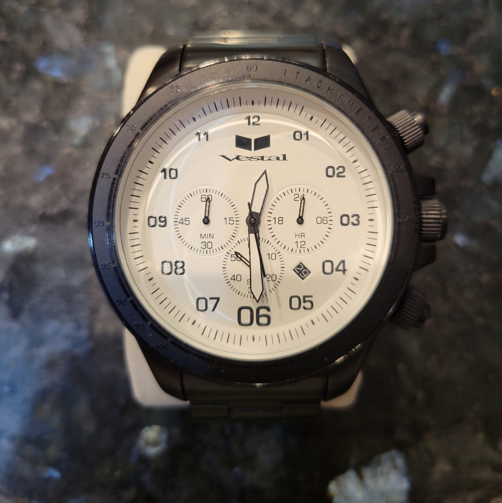 Vestal Men's Black Stainless Chronograph Watch with White Dial